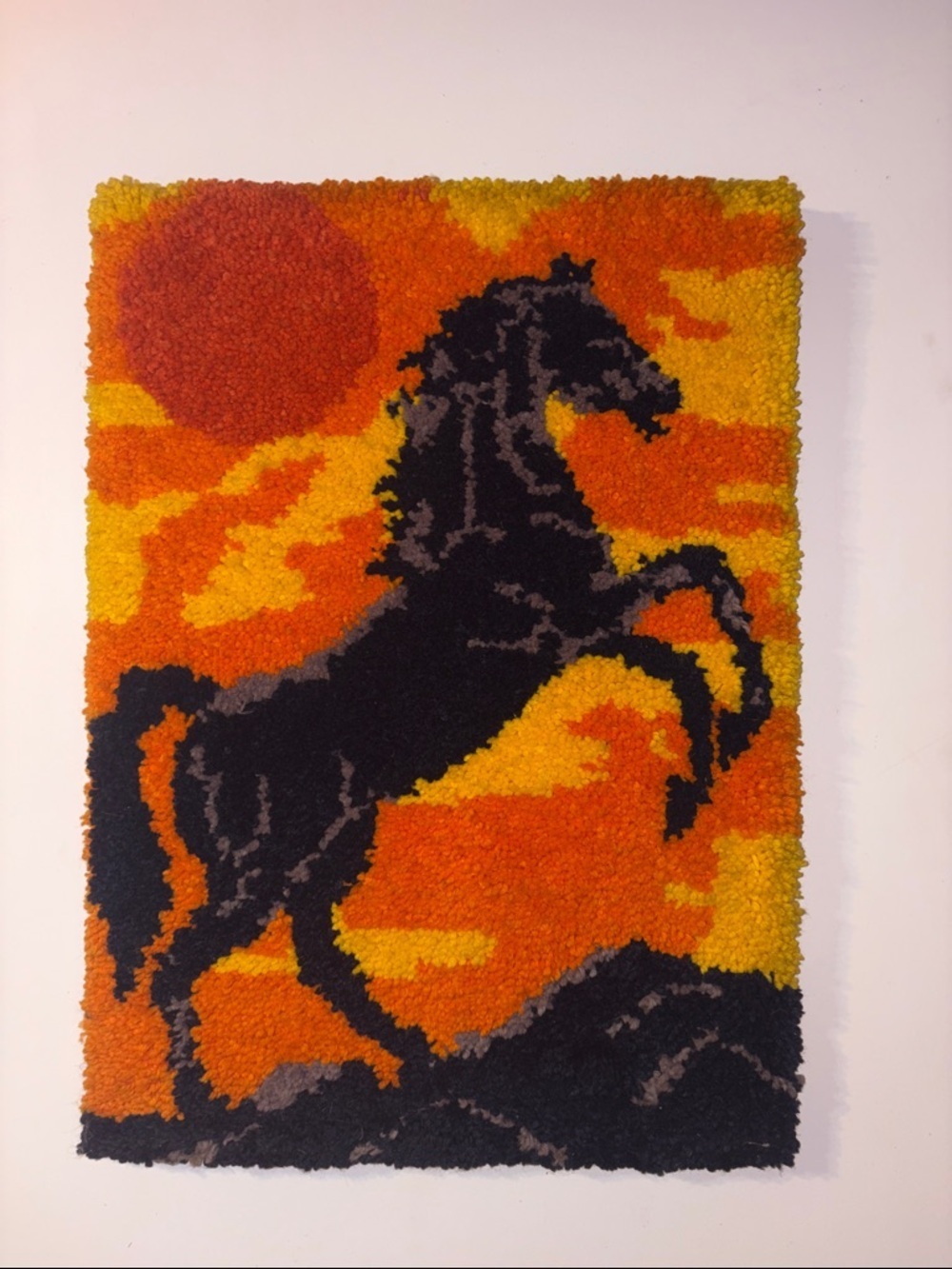 Vintage 70s 36x26 Large Hook/Loop Horse Sunset Shag Rug Textile Wall Hanging